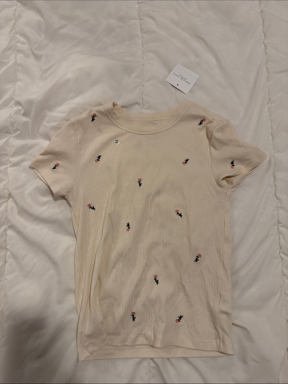 Kids Ribbed Tee with Floral Embroidery - Cream